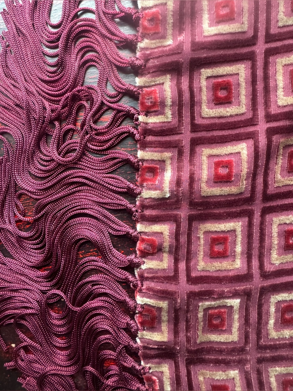 Danier NWT Silk Blend Geometric Fringe Scarf Burgundy Red Gold Soft Fall Winter